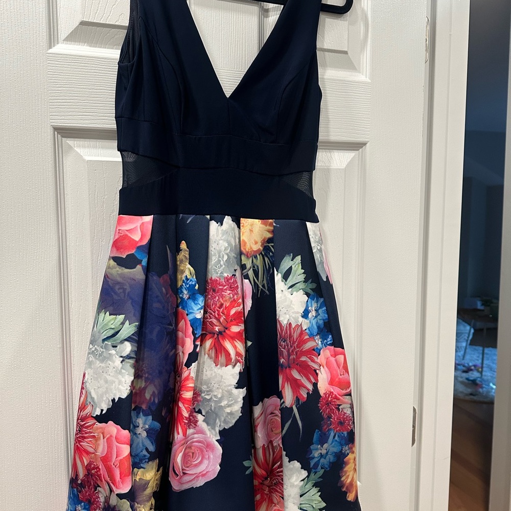 Floral and Navy Dress with mesh side detail